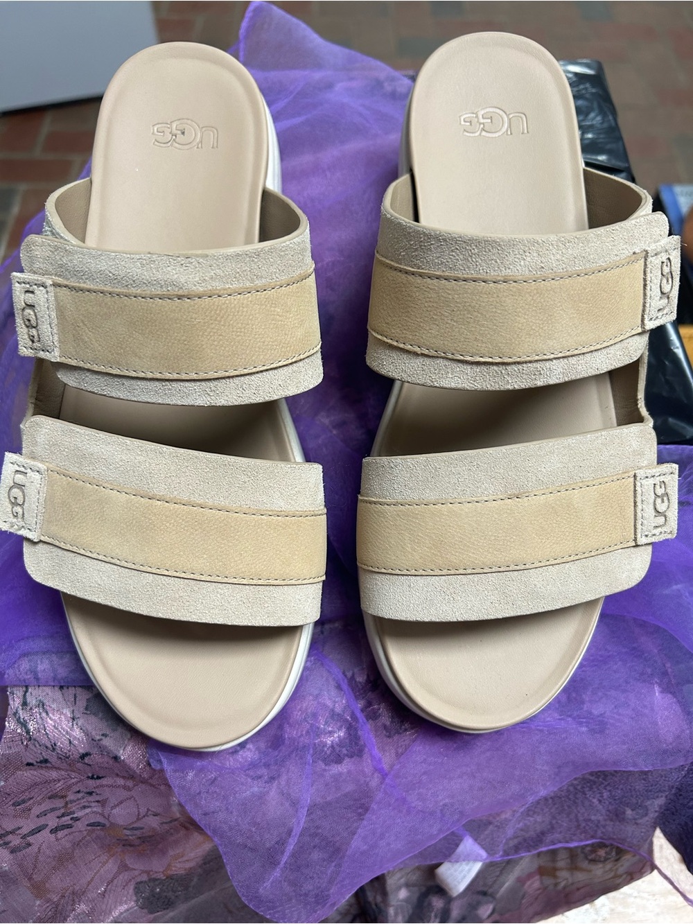 UGG Women's Beige Double-Strap Suede Slide Sandals